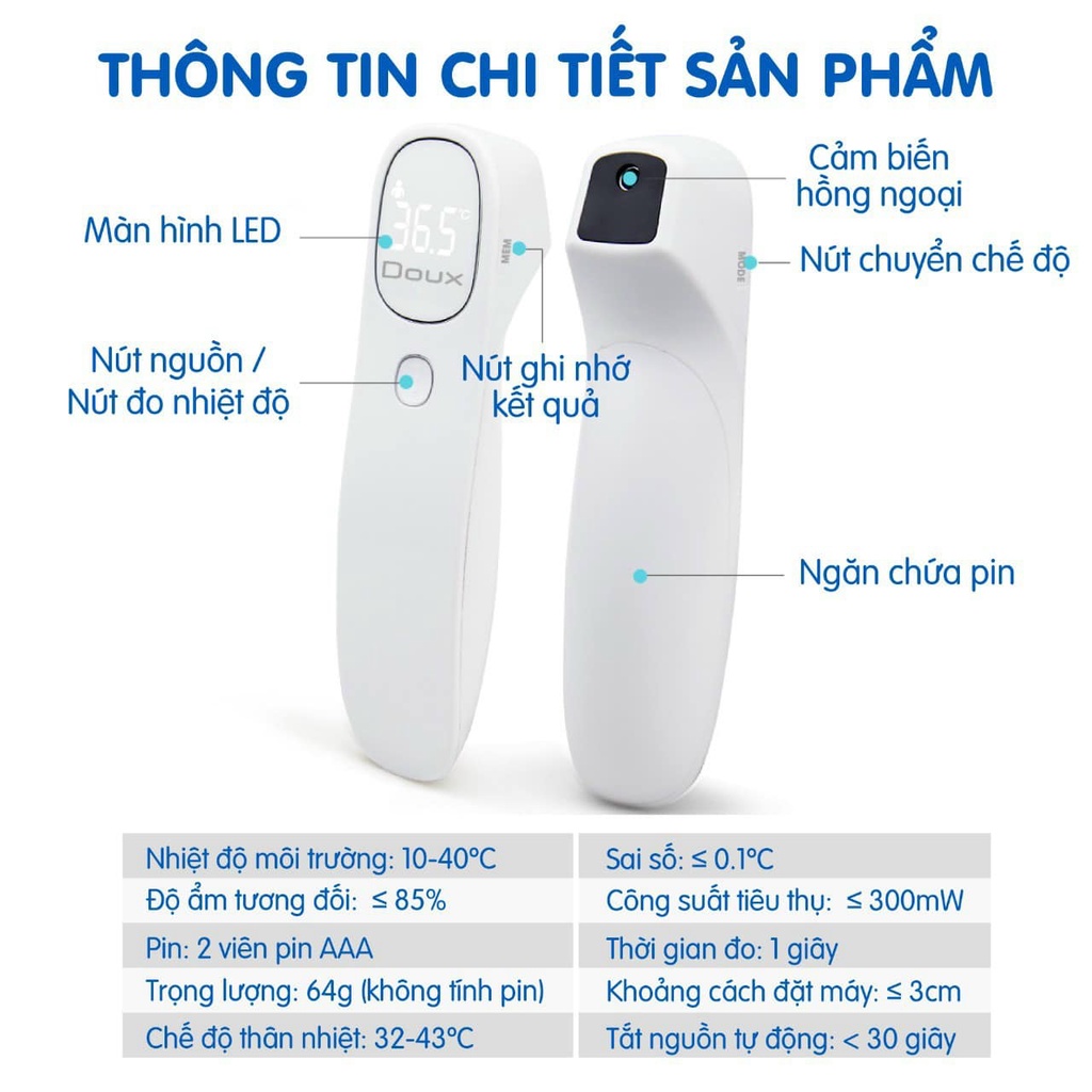 (Hàng chính hãng) Nhiệt Kế điện tử hồng ngoại cầm tay chính hãng Doux ''Nhiệt kế đa năng cho cả gia đình''
