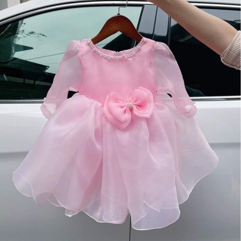 Đầm bé gái dáng xòe tay lỡ viền ngọc đính nơ nhỏ voan tơ mềm mại - Shop Mẹ Nấm