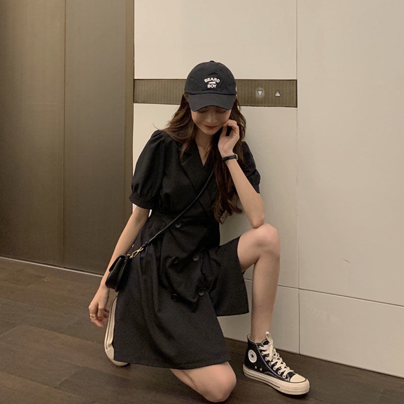 AMOI Đầm Ngắn Tay Cổ Chữ V Phong Cách Retro Thời Trang 2022