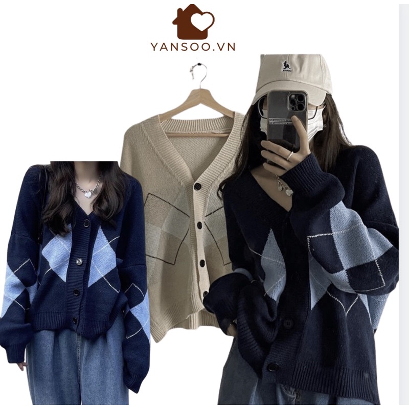 Áo cardigan dệt kim tay dài cổ chữ V phong cách Hàn Quốc , áo khoác len from rộng hoạ tiết hình thoi YANSOO
