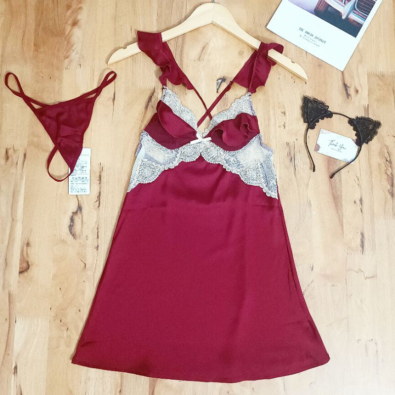 Váy ngủ sexy gợi cảm Đầm ngủ lụa 2 dây đỏ cao cấp cánh tiên M33