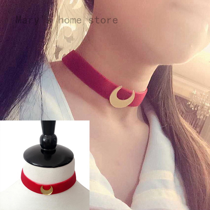 Vòng cổ Choker dây ruy băng mặt trăng thủy thủ mặt trăng dài màu đỏ