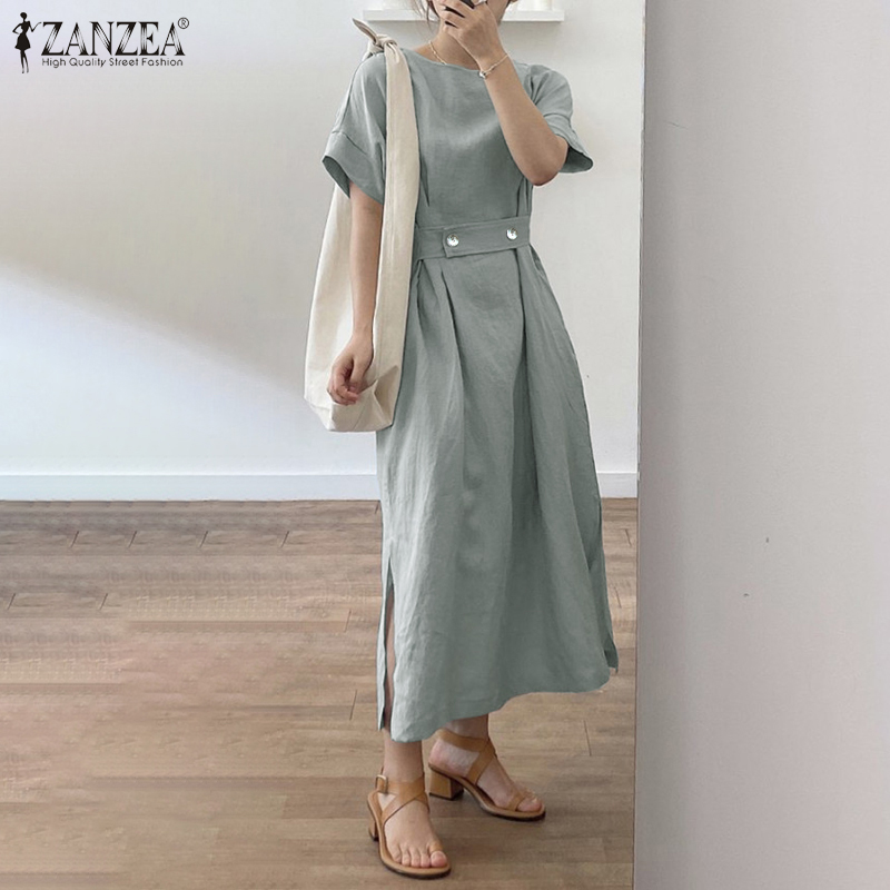 Đầm Maxi ZANZEA Dáng Rộng Tay Ngắn Cổ Tròn Phối Túi Bên Cho Nữ | BigBuy360 - bigbuy360.vn