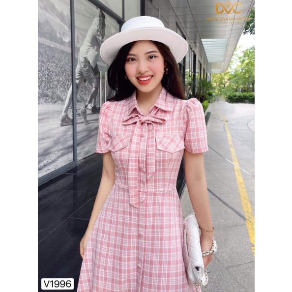 Váy hồng kẻ cổ vest sale 50% v100