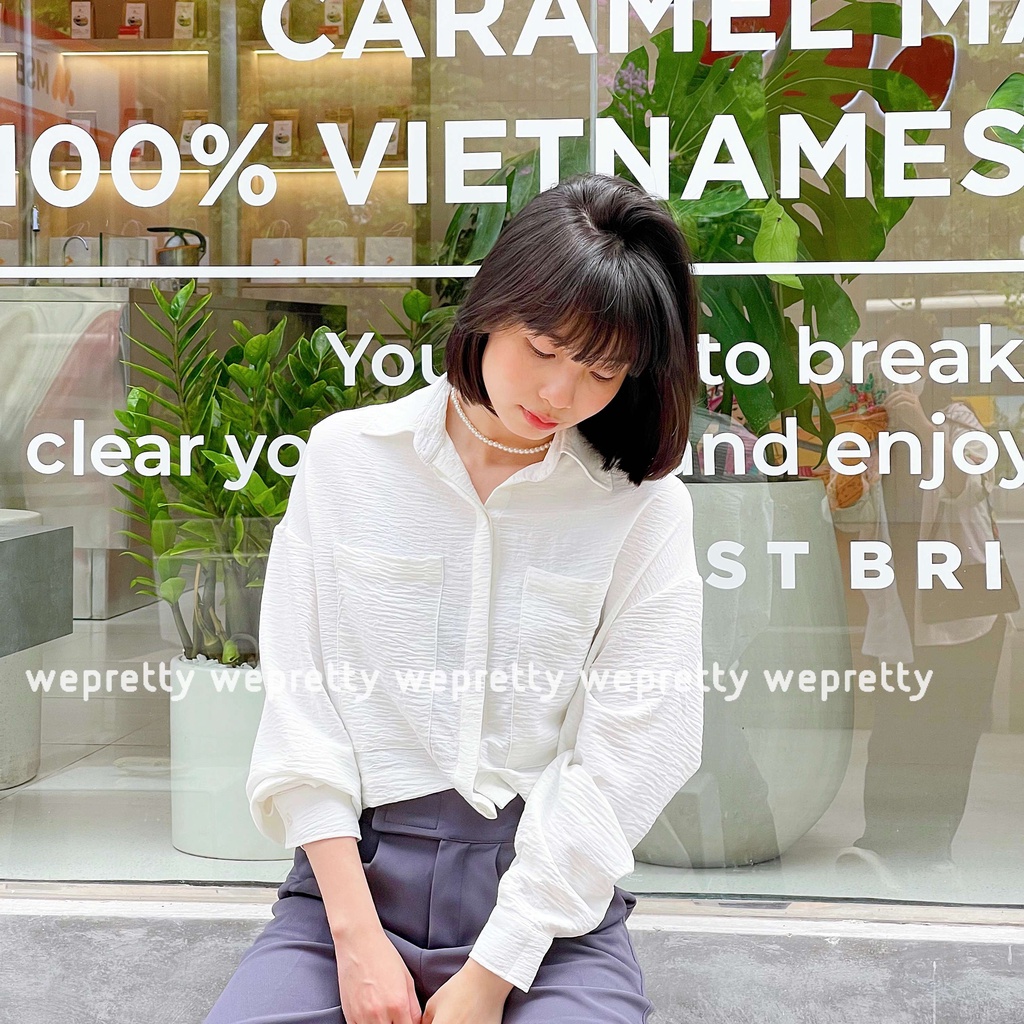 Áo sơmi croptop dài tay chất đũi nhăn mềm mát thích hợp mùa hè phù hợp phong cách đơn giản, hiện đại AH07 Wepretty Cloth | BigBuy360 - bigbuy360.vn