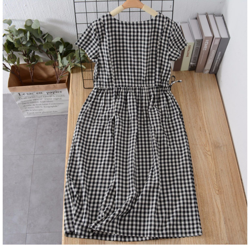 {Hàng sẵn} Đầm váy công sở dáng xòe cổ tròn chiết eo tặng kèm dây thắt eo chất thô đũi mềm mát