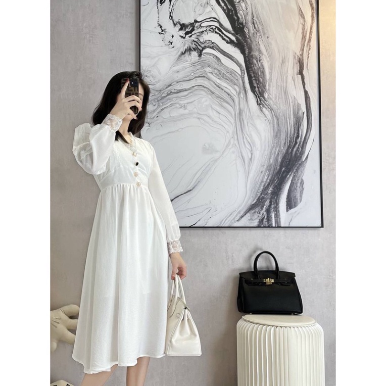 Váy babydoll, Váy cổ tim 3 cúc ngực tay bồng / Có ảnh thật, video review mix đồ cực xinh