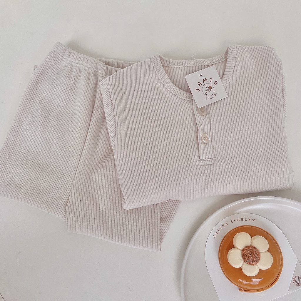 Bộ quần áo dài tay thun tăm nhung cổ bổ trụ 2 cúc chất dày dặn mùa thu đông cho bé trai và bé gái