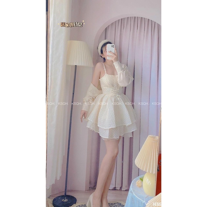 Set váy tiểu thư trắng 2 dây , đầm xòe hai tầng phối áo khoác cardigan cao cấp