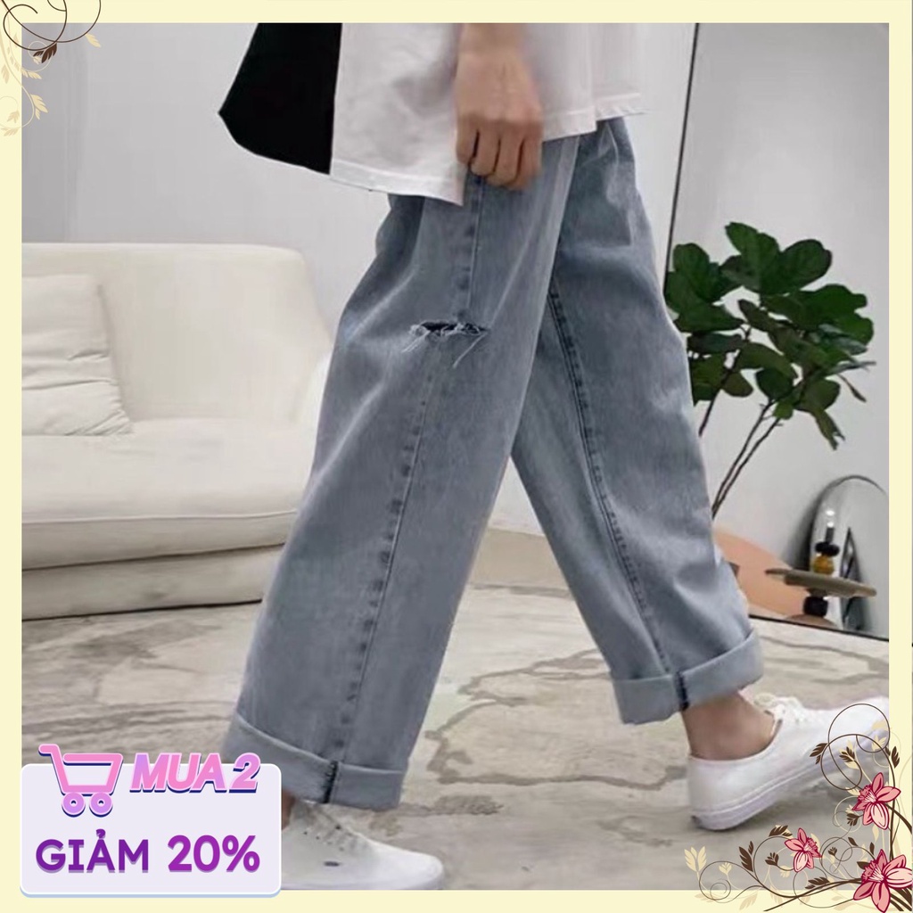 Quần jean suông rách ống nam nữ đều mặc được màu xanh nhạt cá tính cạp lưng cao ống phom rộng