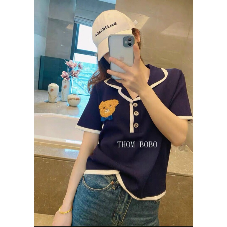 [L2M] Áo len nữ Montoghi dệt kim Quảng Châu cổ bẻ thêu hình GẤU nổi đính kèm NƠ xinh xắn thanh lịch và dễ thương