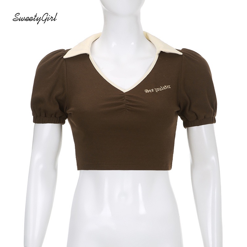 Áo Thun Tay Ngắn Phồng Cổ Chữ V In Chữ Màu Sắc Tương Phản Thời Trang Cho Nữ 2022