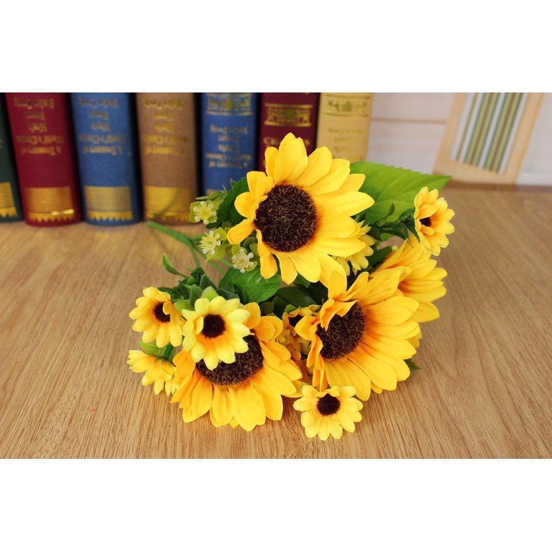 Hoa lụa, chùm hoa hướng dương 33cm 4 bông lớn và bông điểm siêu đẹp