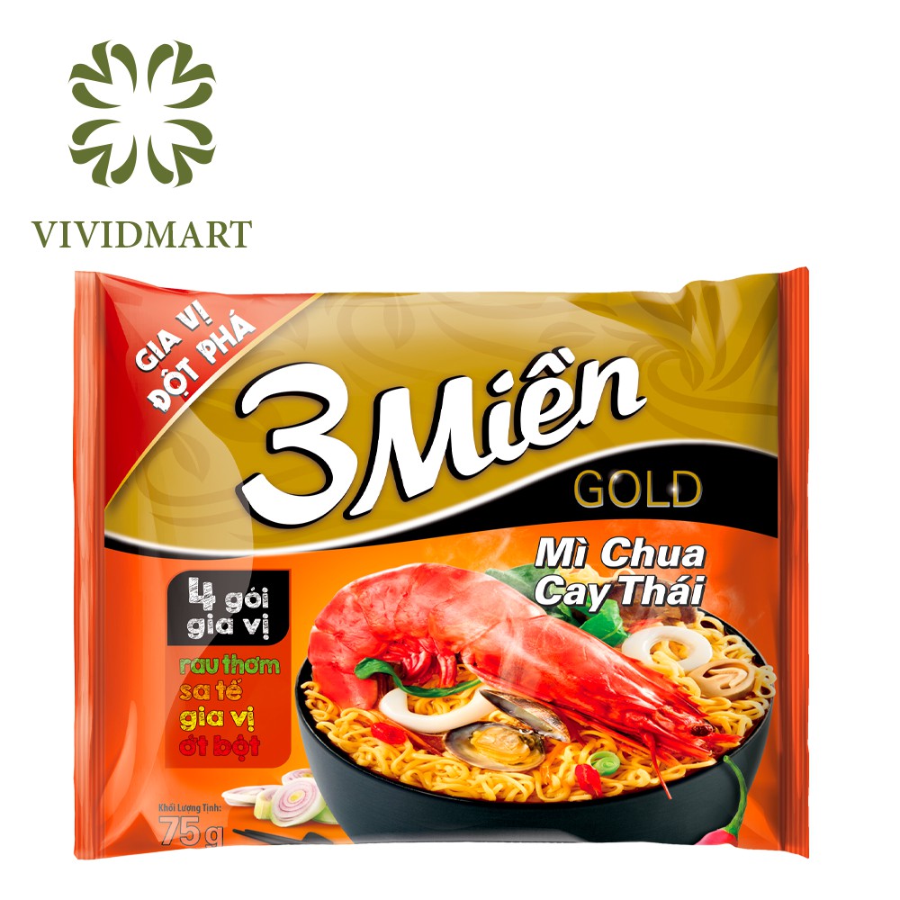 MÌ ĂN LIỀN 3 MIỀN GOLD CHUA CAY THÁI / TÔM CHUA CAY ĐẶC BIỆT / BÒ HẦM RAU THƠM - GÓI/75g - UNIBEN Ba Miền