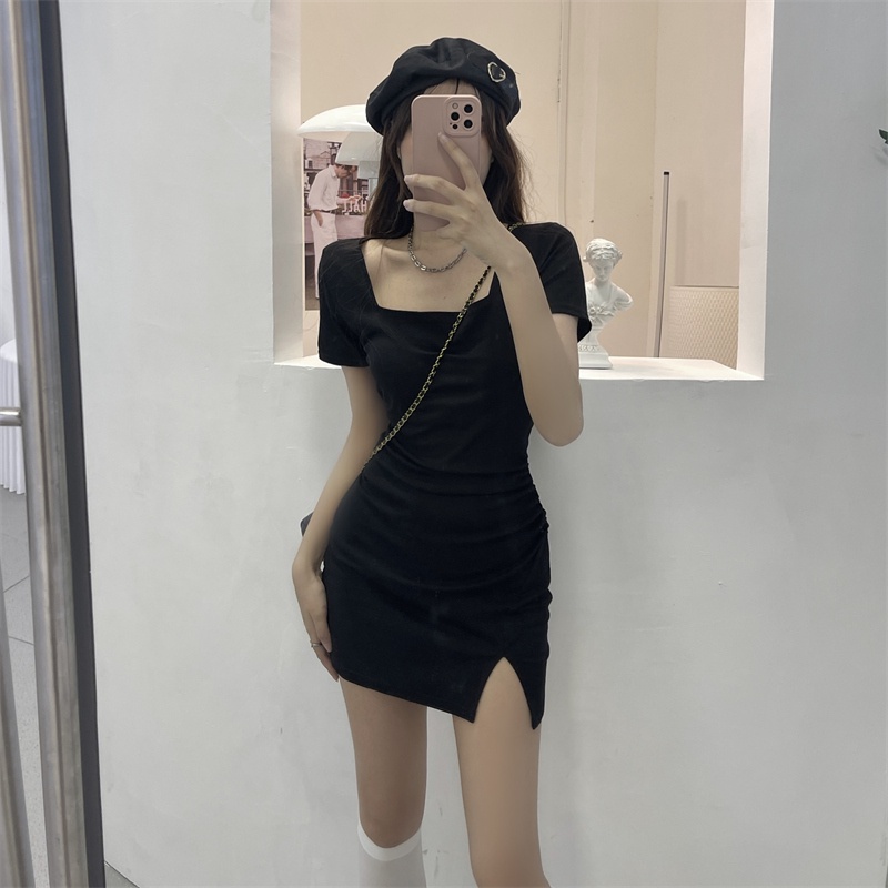 Đầm SUXI màu đen tay ngắn cổ vuông ôm dáng quyến rũ thời trang mùa hè