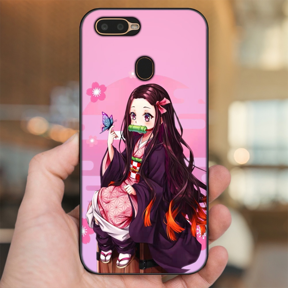 Ốp lưng Oppo A5S, A7, A12, F9 viền đen in hình Nezuko Kimetsu no Yaiba