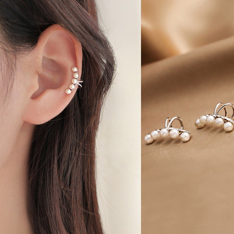 Cặp khuyên kẹp vành tai dạng còng tay/ chữ thập đính ngọc trai giả không cần xỏ lỗ cho nữ