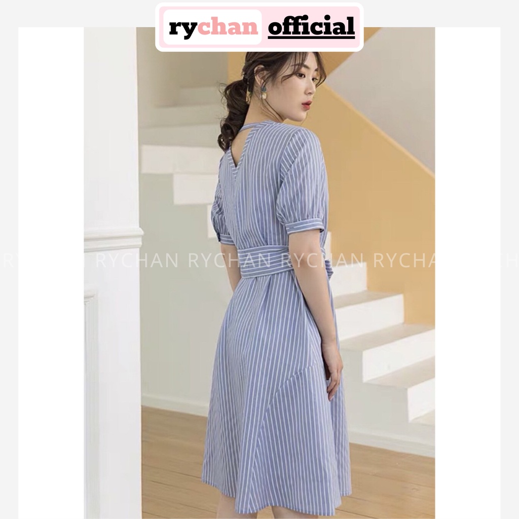 Đầm Xòe Sọc Nút Lệch Buộc Dây Eo - DX960
