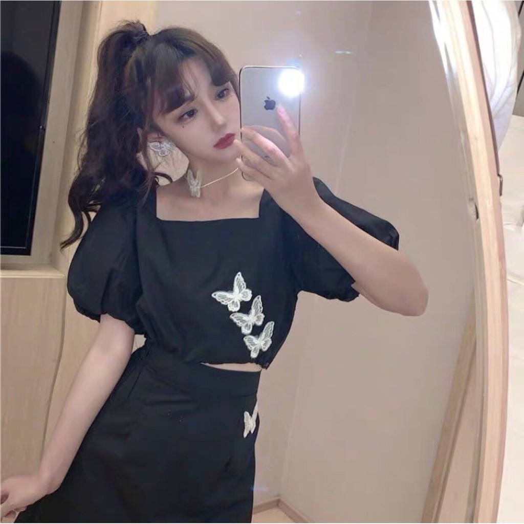 SET ÁO CROPTOP BUTTERFLY CỔ VUÔNG TAY BỒNG CHUN EO MIX CHÂN VÁY BƯỚM Đen Ulzzang có lót trong