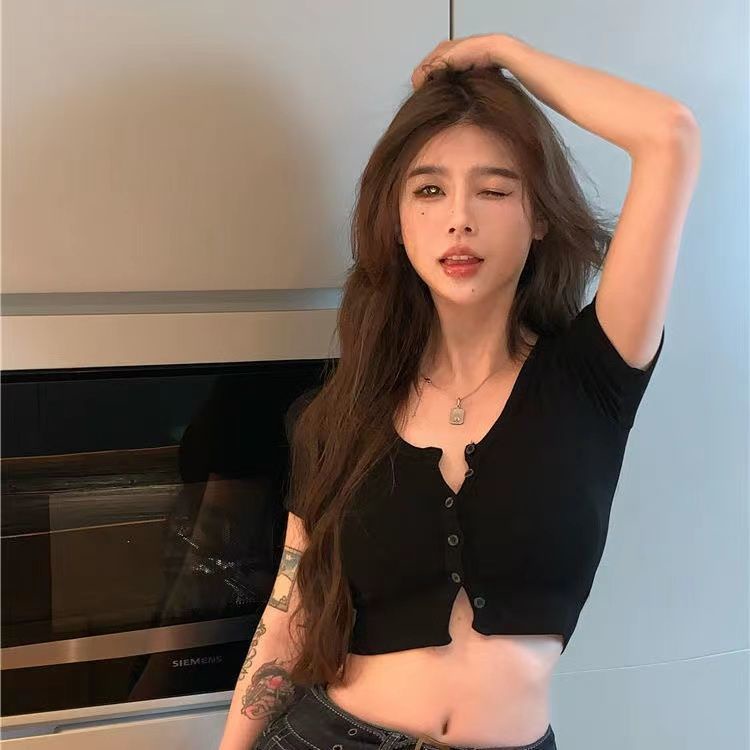 Áo Croptop Dệt Kim Tay Ngắn Cổ Chữ V Màu Trơn Phong Cách Hàn Quốc