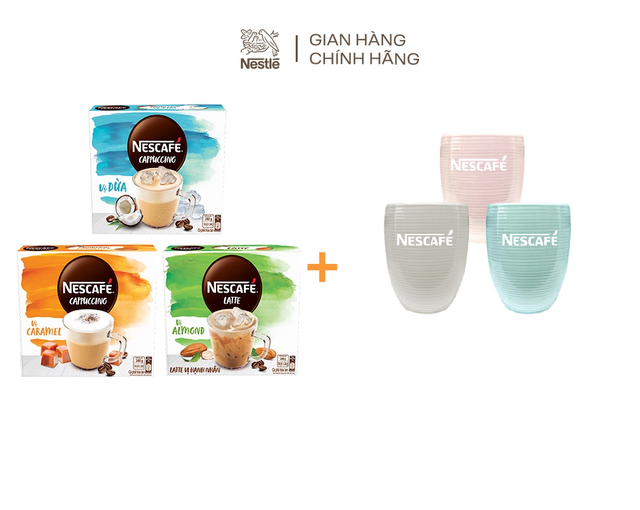 Combo 3 hộp Nescafé bao bì mới: Cappuccino dừa + Cappuccino caramel + Latte hạnh nhân