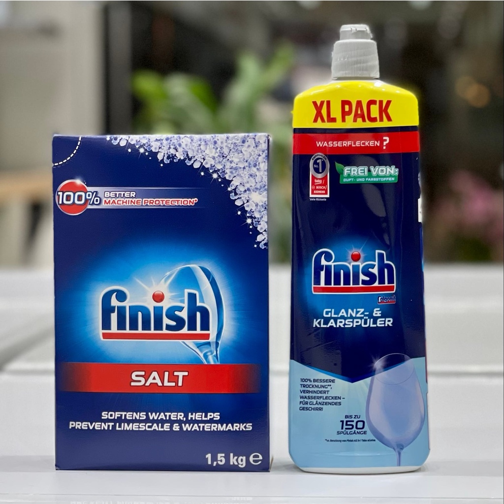 Combo muối rửa bát Finish 1,2kg+Nước làm bóng bát chén finish 400ml dùng cho Máy Rửa Bát