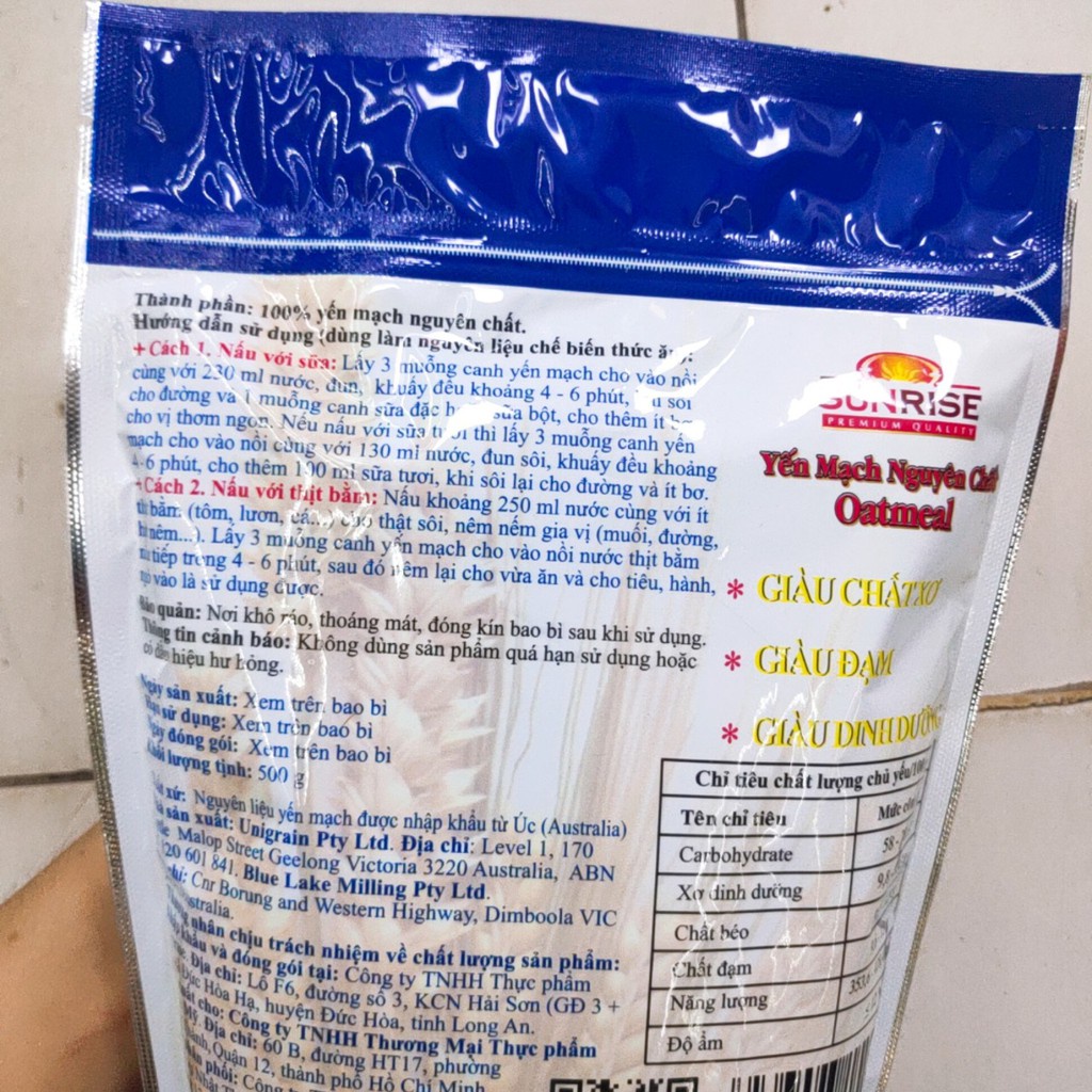 Bột Yến Mạch Nguyên Chất Oatmeal-Sunrise, Gói Xanh (500g)