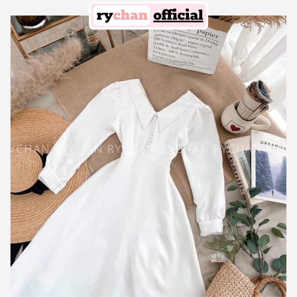 Đầm Xòe Midi Trắng Cổ Thủy Thủ Nút Bọc Tiểu Thư Lót Trong Dày Dặn [Ảnh Thật Cuối] - DX0081