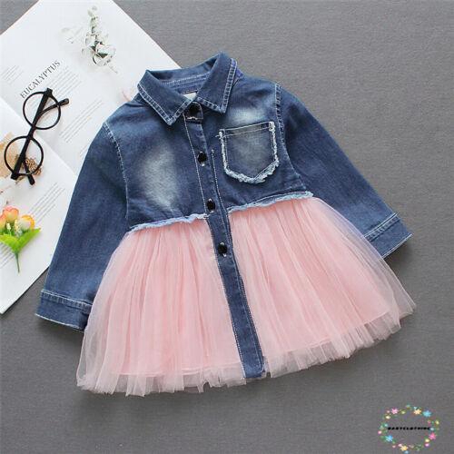 Đầm denim tay dài phối lưới xinh xắn đáng yêu cho bé