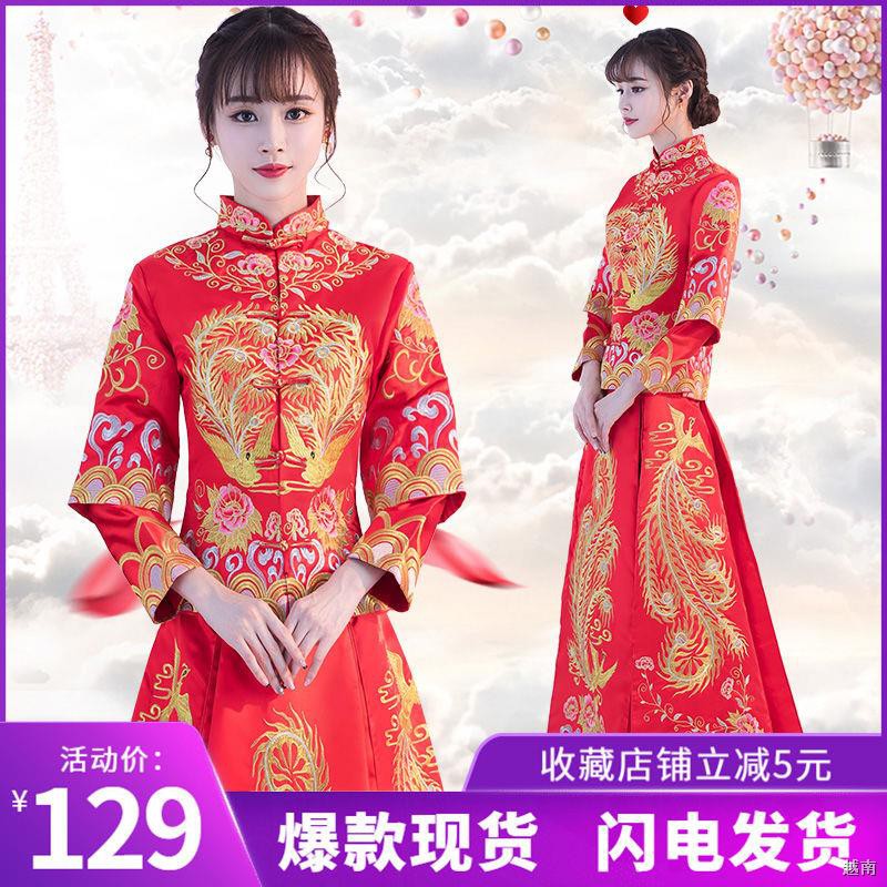 ∋℡✼Xiuhe quần áo cô dâu 2021 váy bánh mì nướng nữ mới cùng với kích thước cưới Trung Quốc dài rồng và phượng