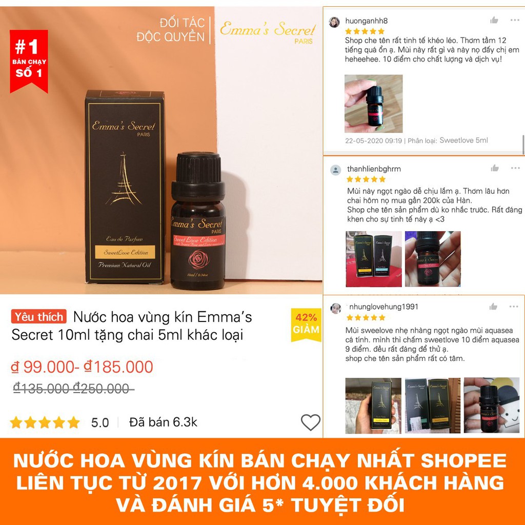  Nước hoa vùng kín Emma's Secret 10ml tặng chai 5ml khác loại