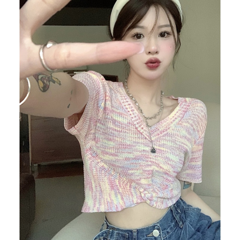 Áo Crop Top Dệt Kim Tay Ngắn Cổ Chữ V Lưng Cao Nhiều Màu Thời Trang Xinh Xắn Cho Nữ