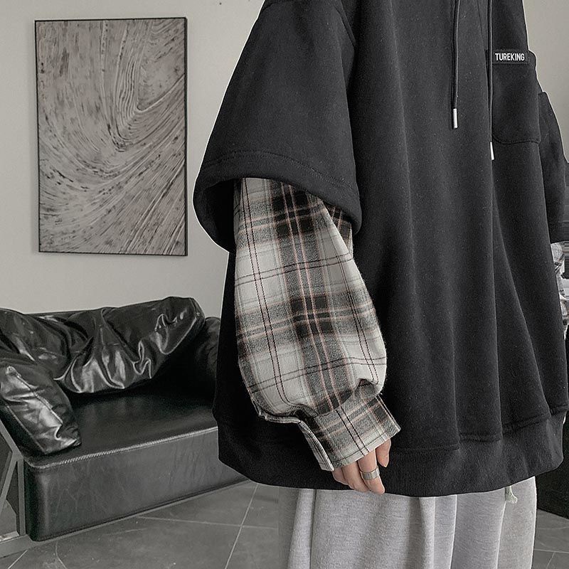 Áo Hoodie Giả Hai Lớp Họa Tiết Sọc Caro Phong Cách Nhật Bản Thời Trang Cho Nam