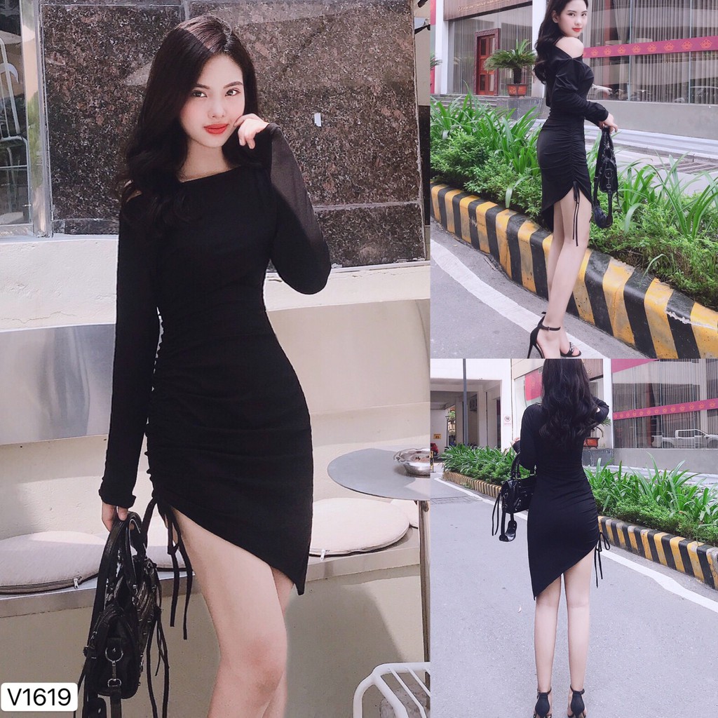 [GIÁ HỦY DIỆT] VÁY ĐEN LỆCH VAI CHÂN VÁY RÚT DÂY V1619 | BigBuy360 - bigbuy360.vn