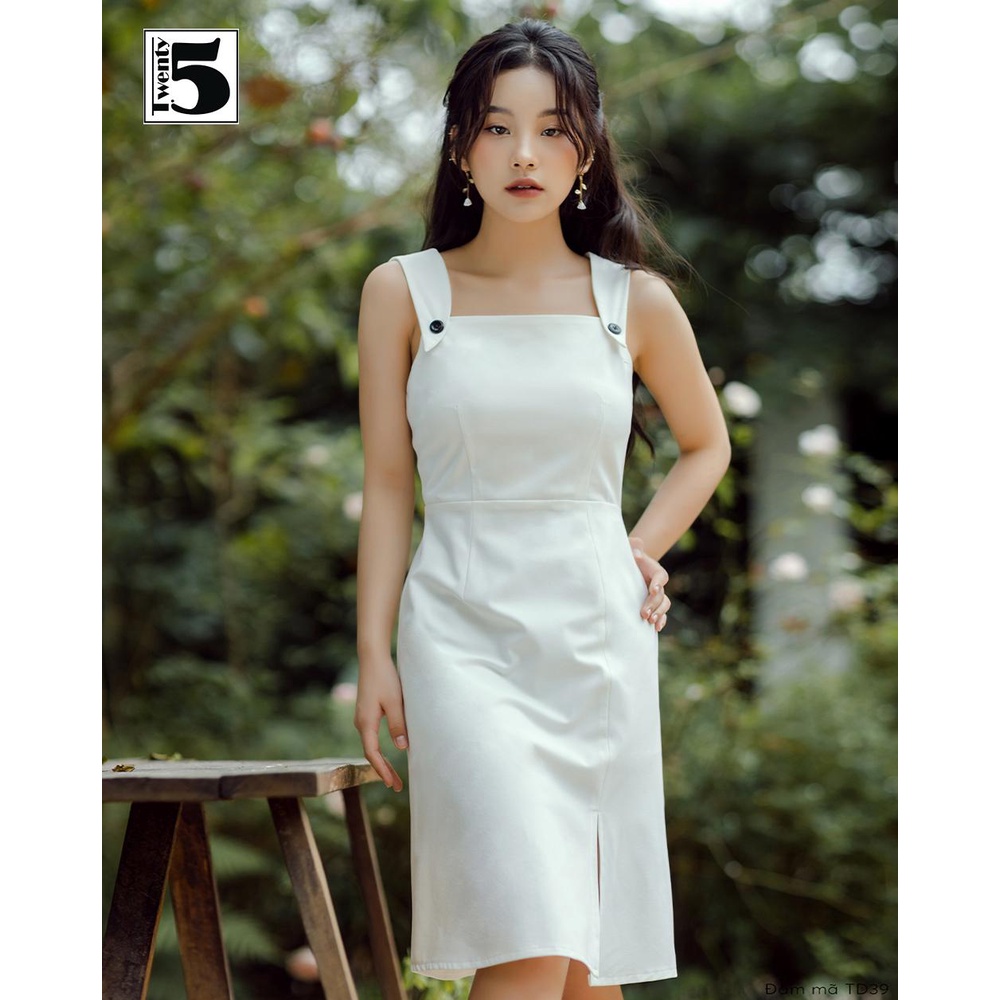 Đầm váy công sở dạo phố 2 dây bản lớn đính cúc xẻ vạt lệch Twentyfive TD39