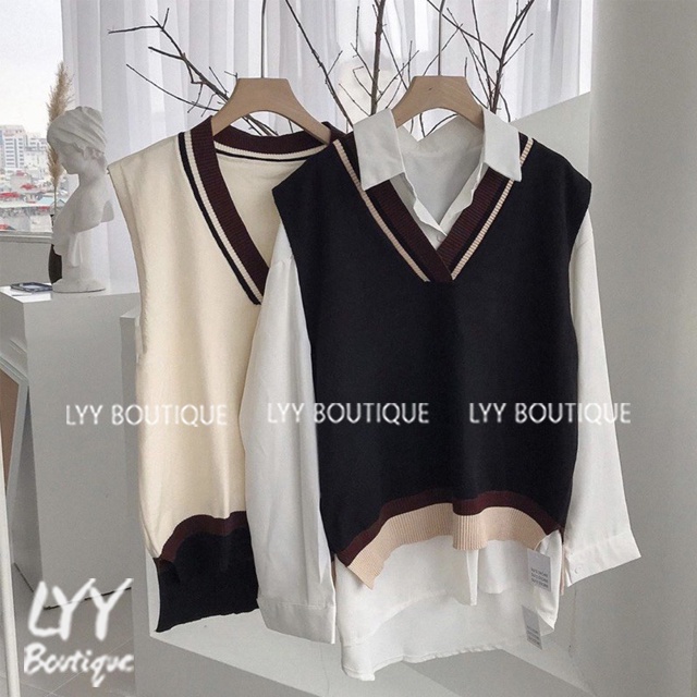 Áo gile len nữ cổ V trơn dệt kim viền kẻ chất đẹp phong cách Hàn Quốc LYY BOUTIQUE | BigBuy360 - bigbuy360.vn