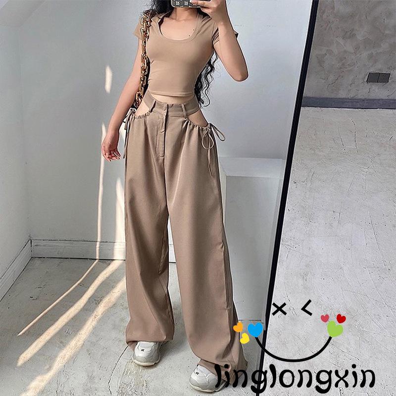 Linglongxi2 Quần ống rộng Thẳng Lưng Cao Màu Trơn Buộc Dây Mùa Xuân Thời Trang Thường Ngày Cho Nữ