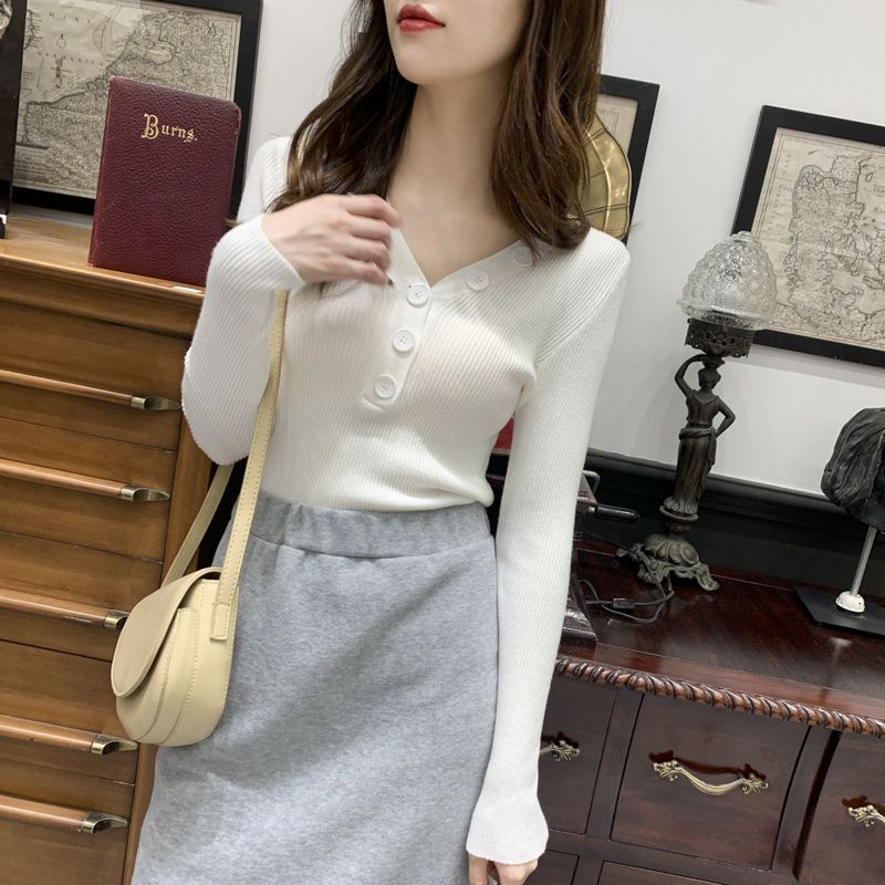 Áo Len Tay Dài Cổ Chữ V Dáng Ôm Thời Trang Thu Đông Cho Nữ