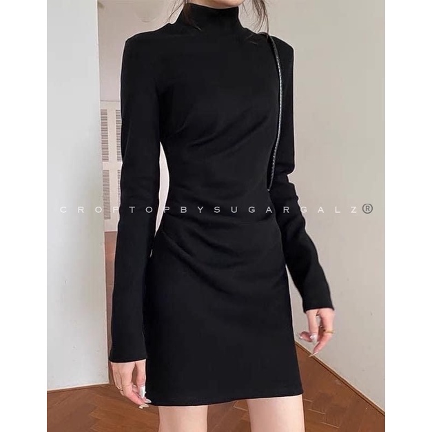 Váy đầm cổ lọ cao tay dài nhún eo fit body thun co giãn - by SGGz