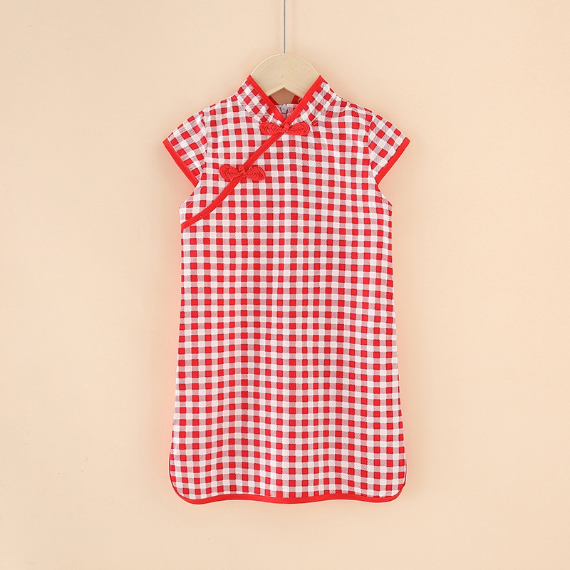 Áo dài váy liền sườn xám trung hoa cách tân bé gái vải gấm trắng phối họa tiết cho trẻ em