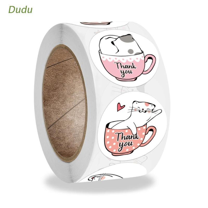 Cuộn 500 Nhãn Dán Trang Trí Hình Tròn Họa Tiết Chữ Thank You Và Mèo Hoạt Hình Dễ Thương