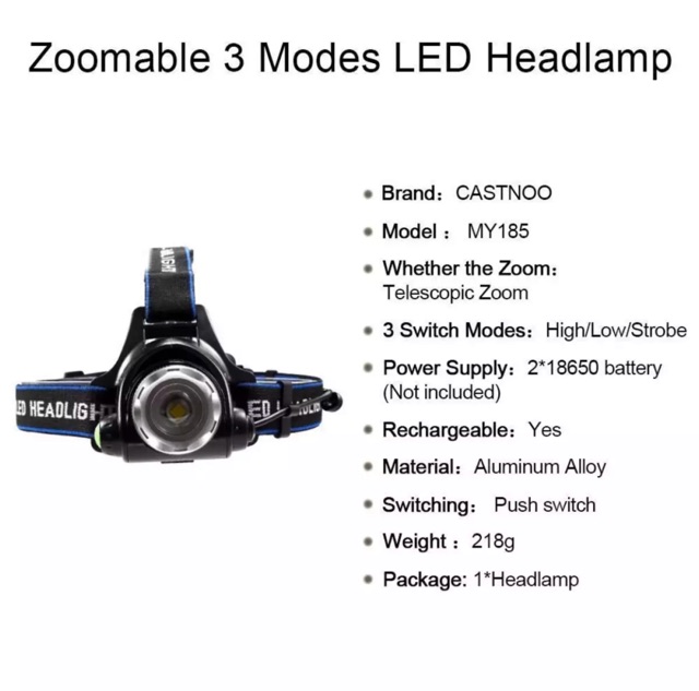 Đèn Đội Đầu Siêu Sáng Led T6 Zoom Xa Gần Thân Nhôm Kèm Pin 18650 Và Củ Sạc Đèn