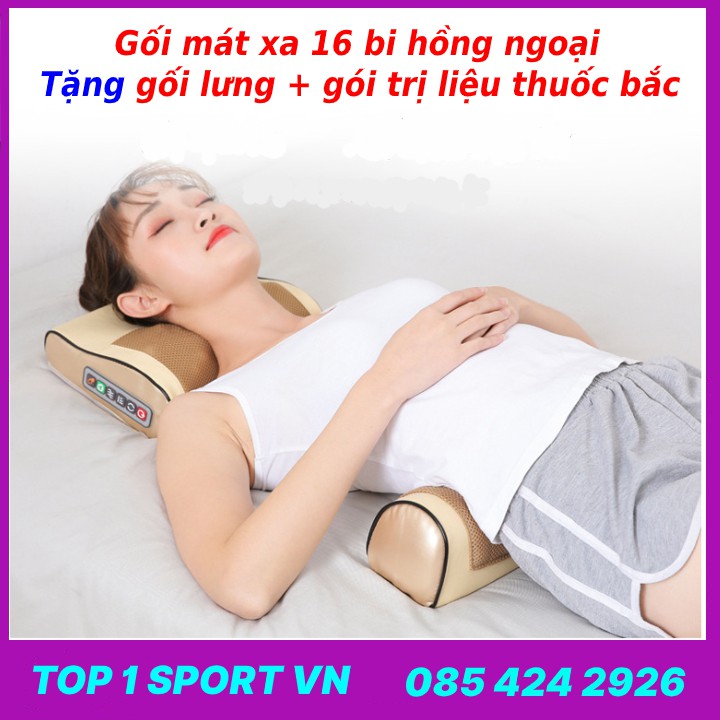 Gối mát xa massage cổ vai gáy hồng ngoại 16 bi Junbu thế hệ 5.0 - Tặng kèm gối lưng + gói trị liệu thuốc bắc ngải cứu