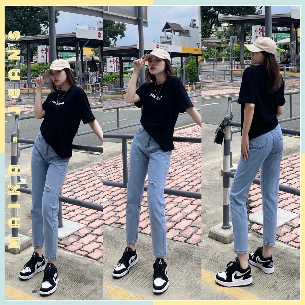 (Freeship) Quần Jeans Nữ Baggy Cạp Cao Siêu Tôn Dáng Rách Hông Và Đùi Lai Quân Cắt Gấu (Hình thật shop chụp) | BigBuy360 - bigbuy360.vn