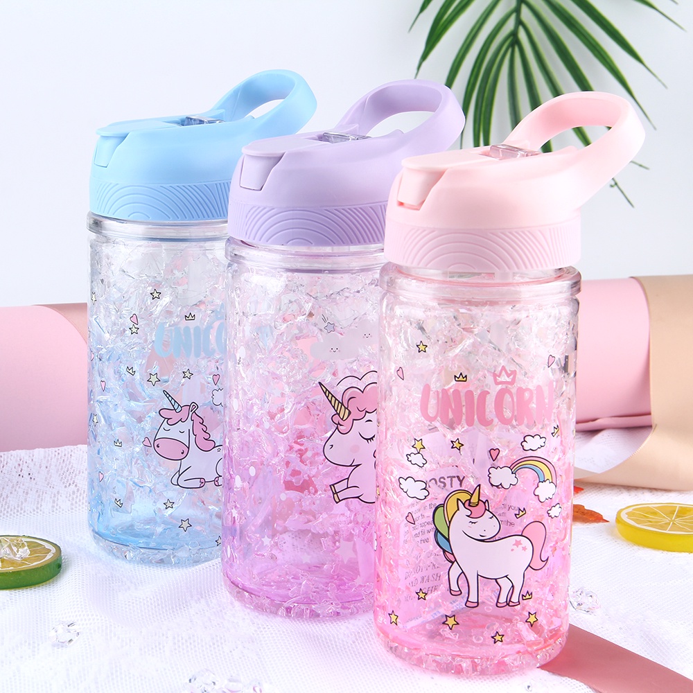 Bình Đựng Nước 400ML / 13.5oz Kèm Ống Hút In Hình Kỳ Lân Dễ Thương Tiện Dụng Cho Bé Gái