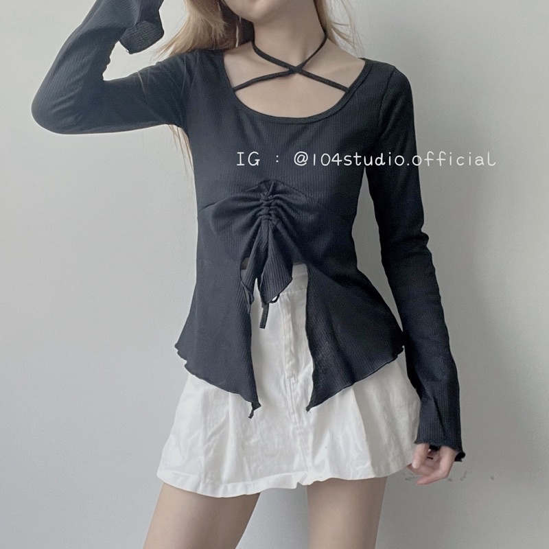 A889 Áo kiểu nữ dây rút tay dài xẻ vạt phong cách quyến rũ