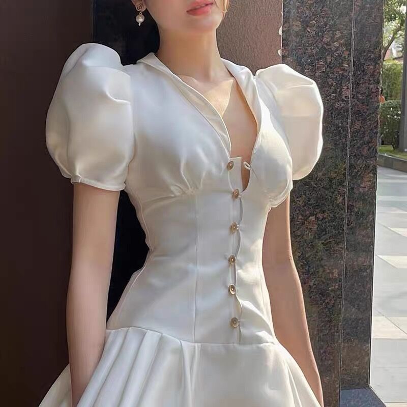 Trang Phục Nữ Mẫu Mới Mùa Hè, Váy Tay Phồng Trắng Cỡ Lớn, Váy Liền Thân Thiết Kế Kiểu Pháp Mùa Hè