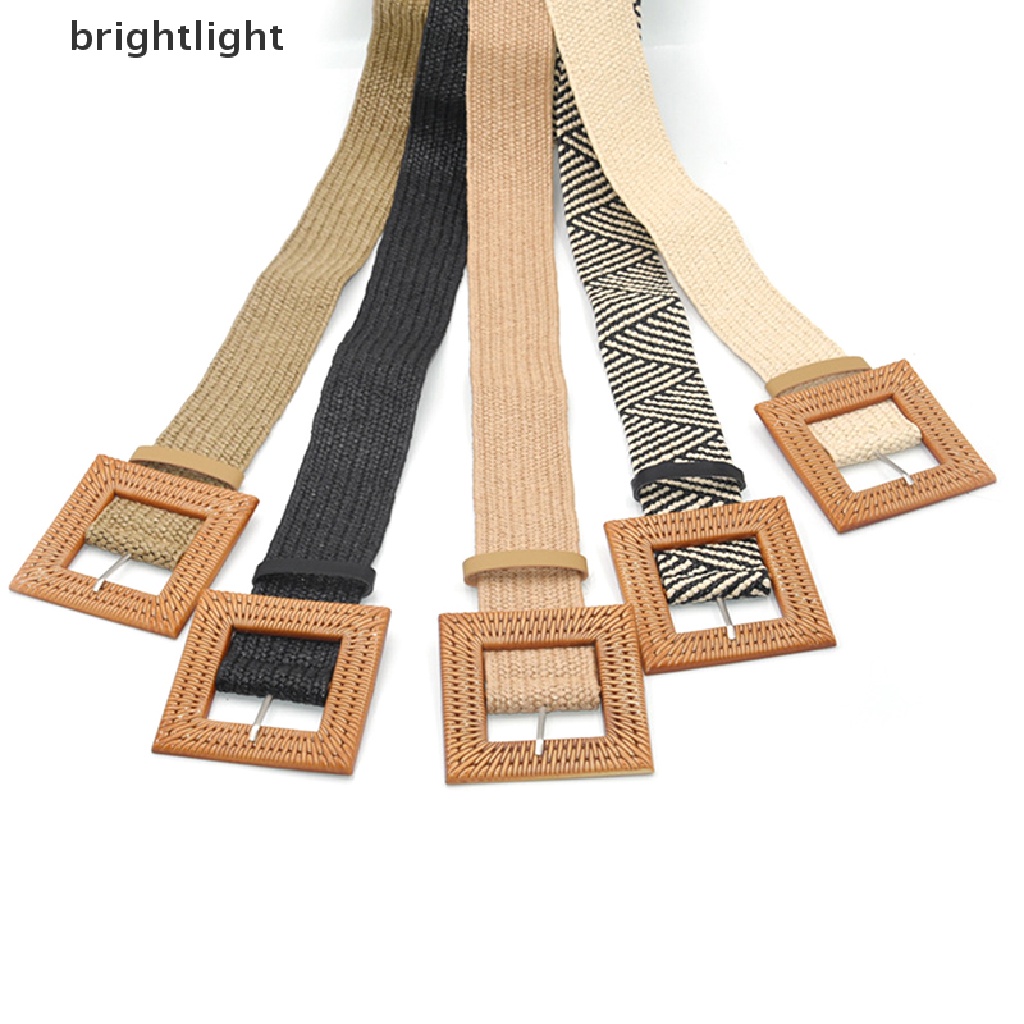 Thắt Lưng Rơm Co Giãn Phối Khóa Vuông Phong Cách Boho Thời Trang