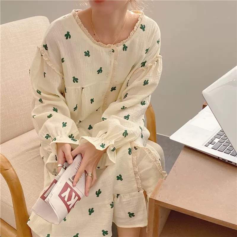 Váy ngủ linen xương rồng+ cherry