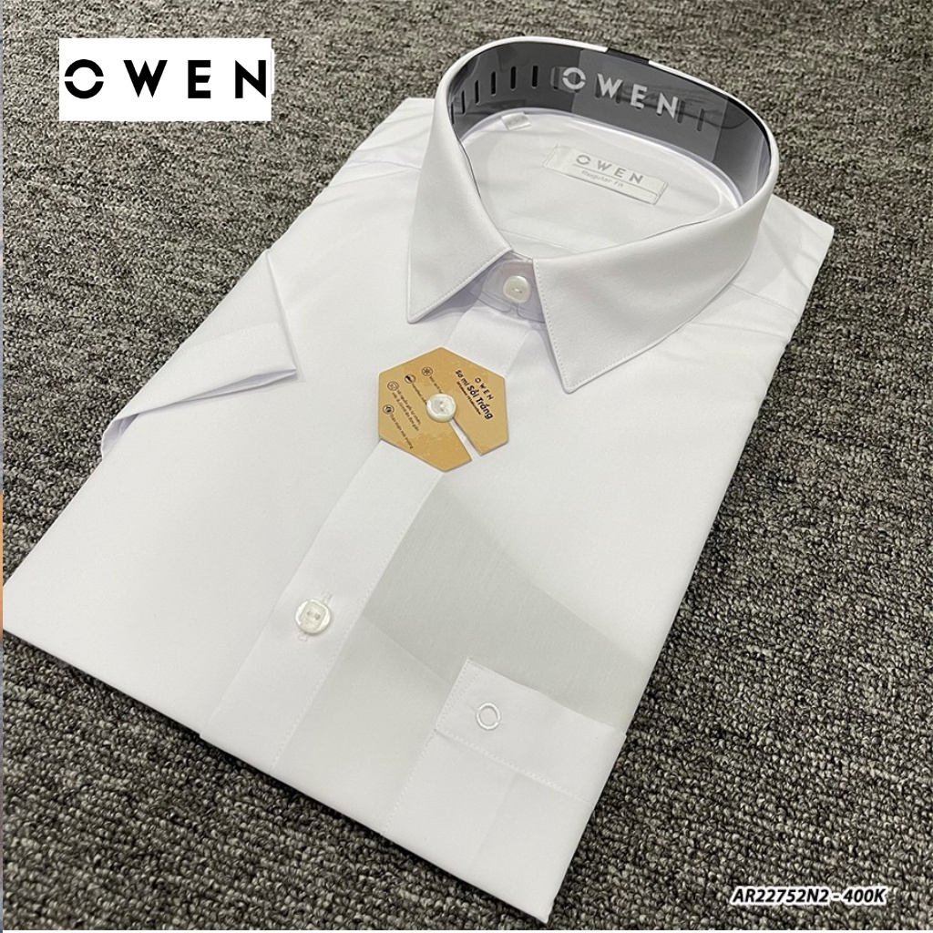 Áo sơ mi nam ngắn tay OWEN AR230328NT somi công sở vải sợi sồi cao cấp màu trắng dáng suông tà lượn có túi